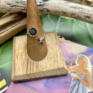 Dragonfly & Sunflower Adjustable Sterling Ring 5,9
